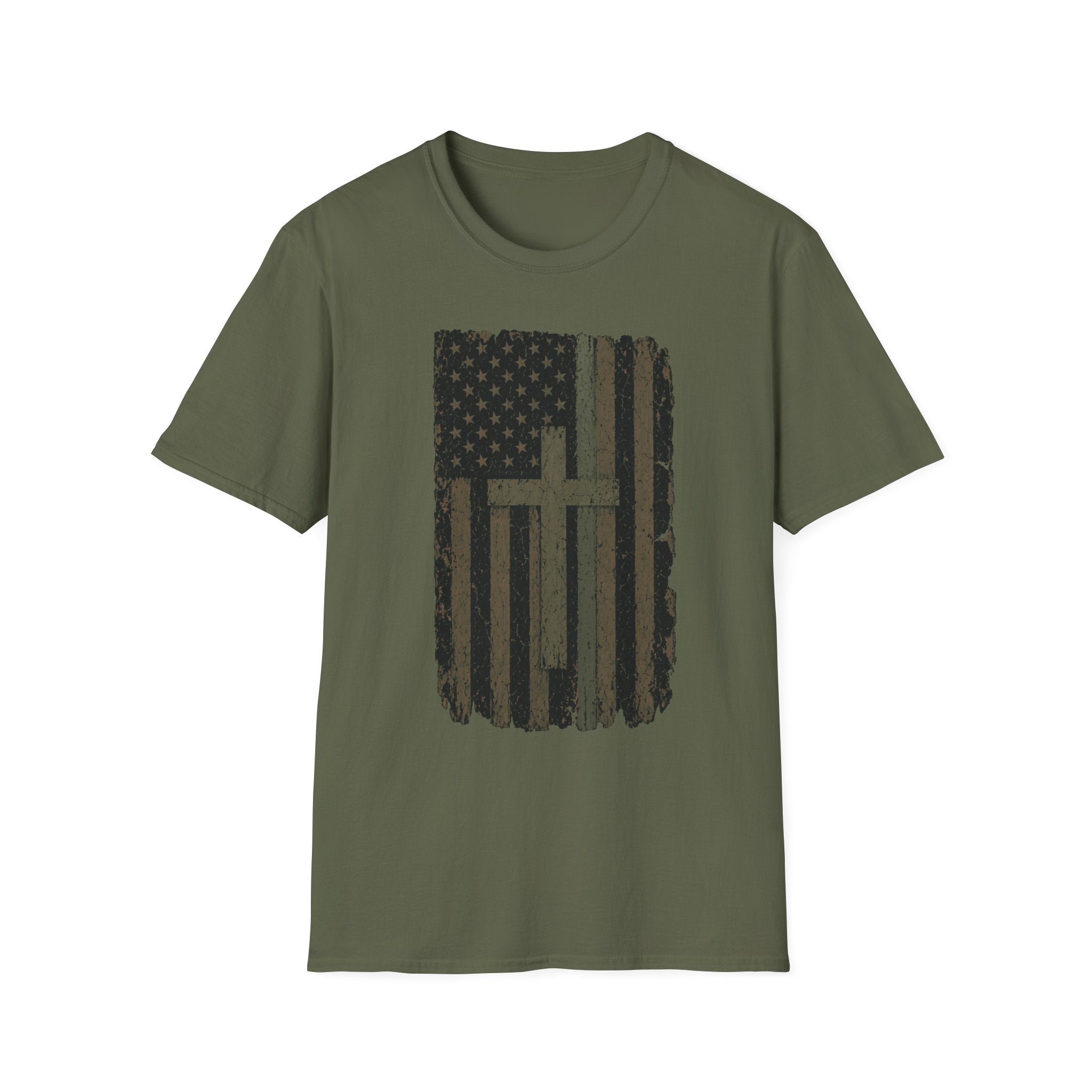 American Flag Cross Silver Line T-Shirt — Distressed Patriotic Christian Tee
