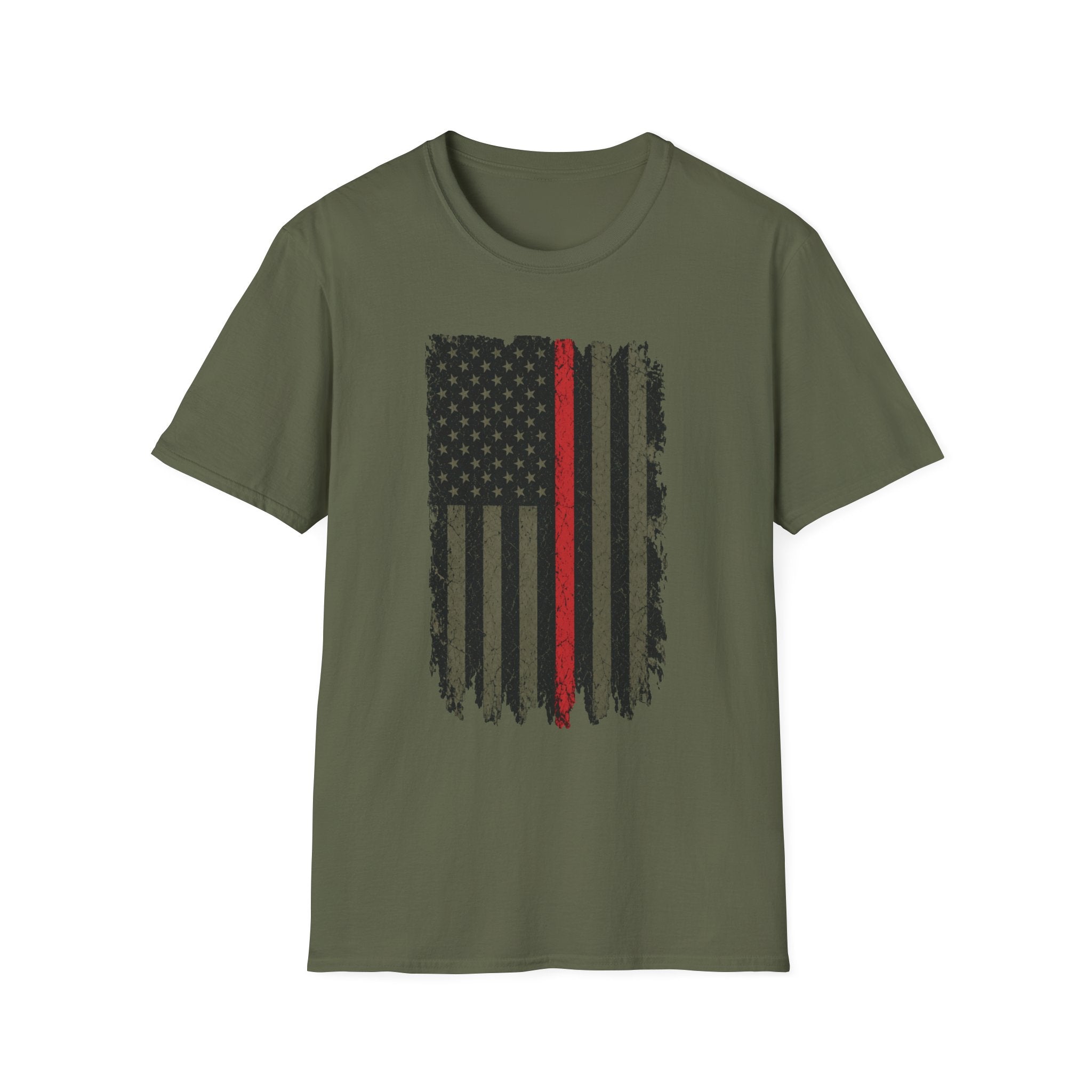 Distressed Thin Red Line American Flag T‑Shirt — Grunge Firefighter Tribute Tee