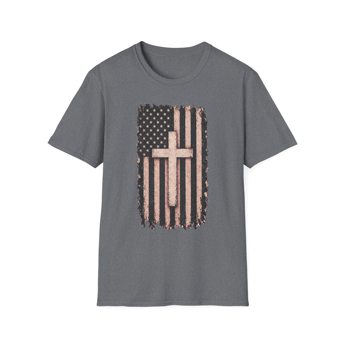 Faith & Freedom T-Shirt — Distressed American Flag with Cross Graphic