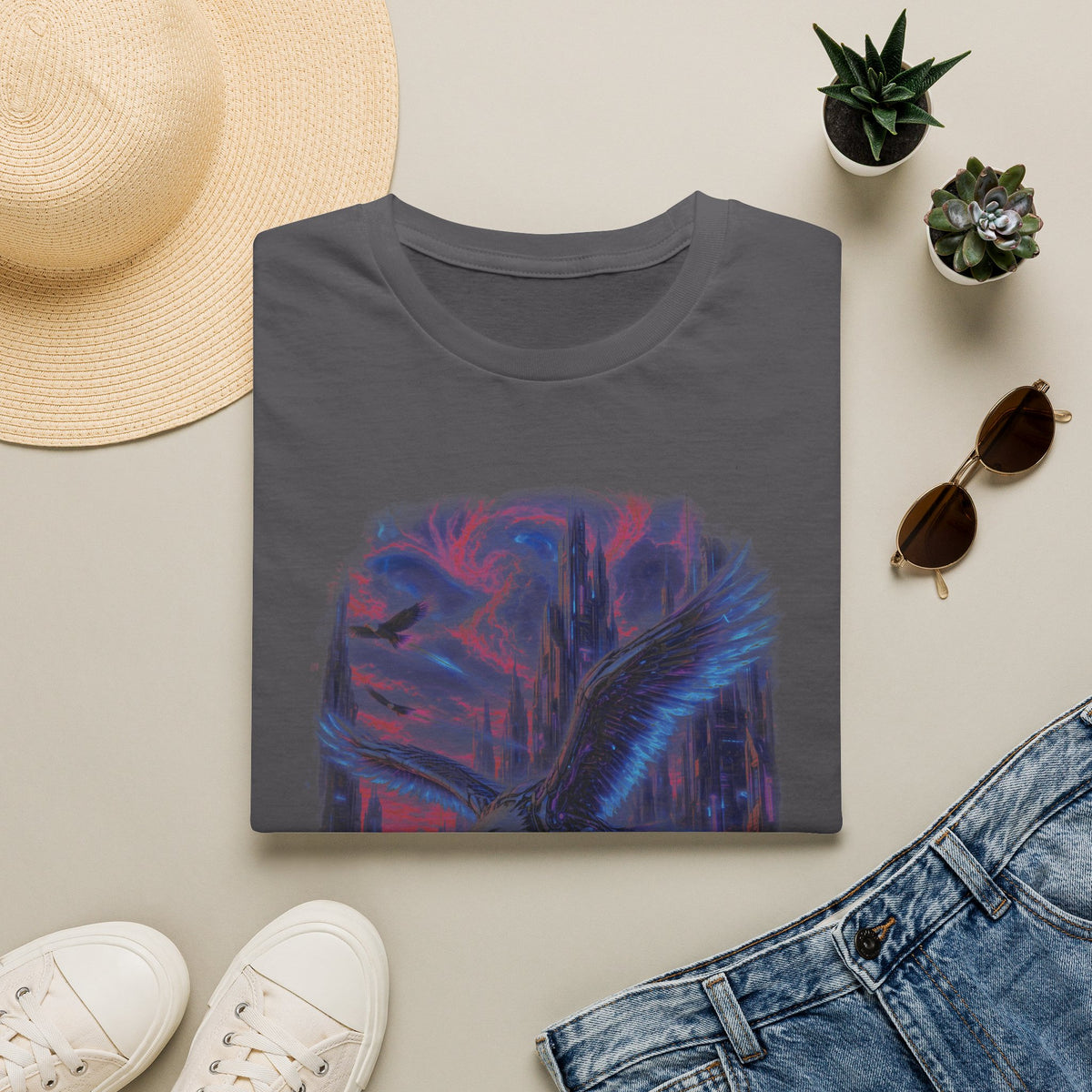Ethereal Angel Wings T-Shirt — Pastel Sky & Cityscape Graphic