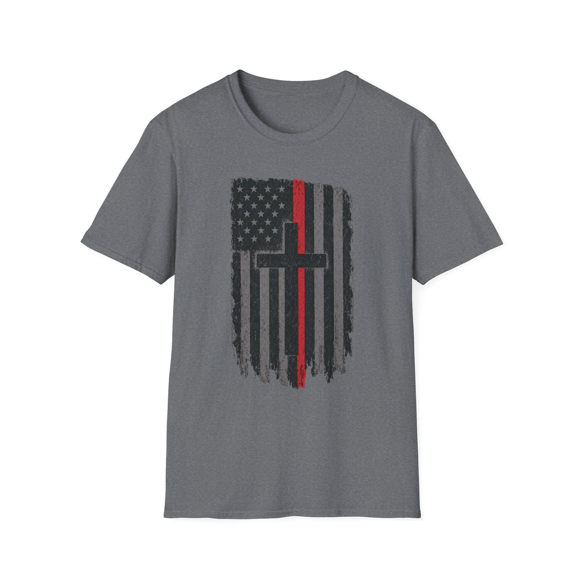 Distressed Thin Red Line American Flag Cross T‑Shirt — Firefighter Tribute Tee