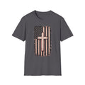 Faith & Freedom T-Shirt — Distressed American Flag with Cross Graphic
