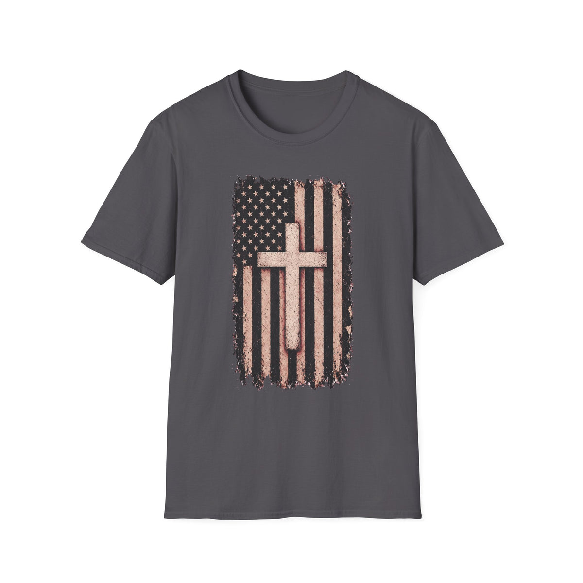 Faith & Freedom T-Shirt — Distressed American Flag with Cross Graphic
