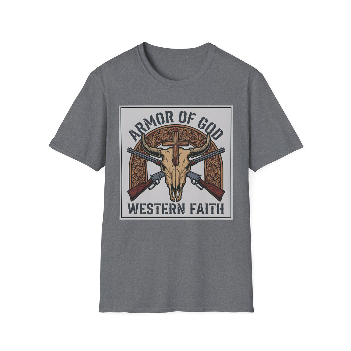 Armor of God western design of a longhorn skull, wooden cross and crossed rifles on a Graphite Heather unisex T-Shirt