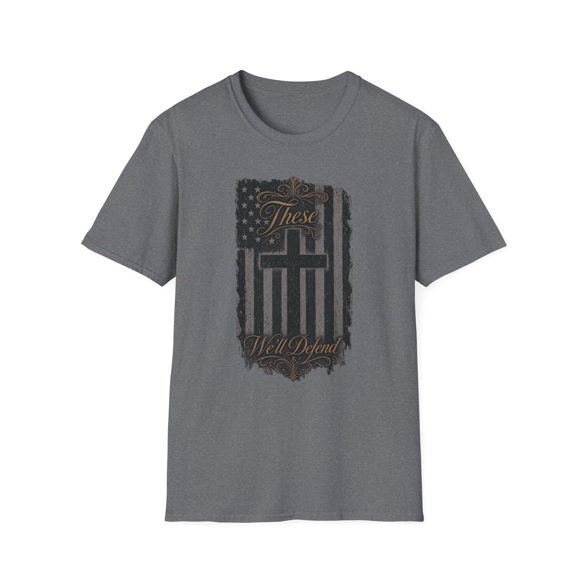 Christian Flag T-Shirt — "These Will Defend" Cross & American Flag Graphic