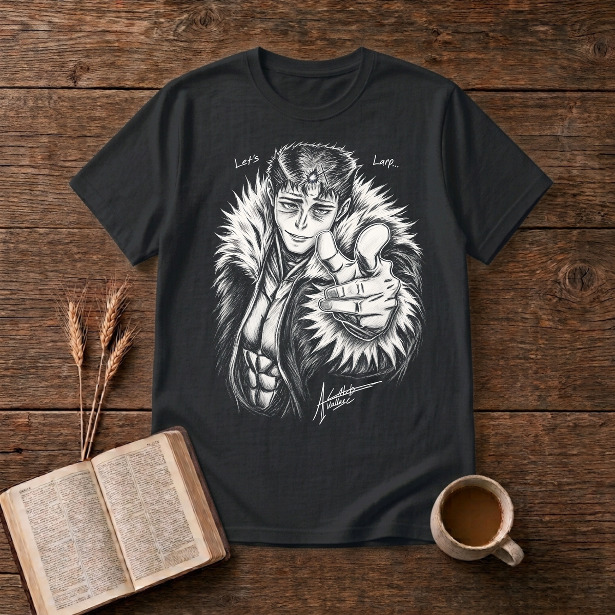 Monochrome anime character in a fur collar reaching out, Let's Larp on a Black unisex T-Shirt