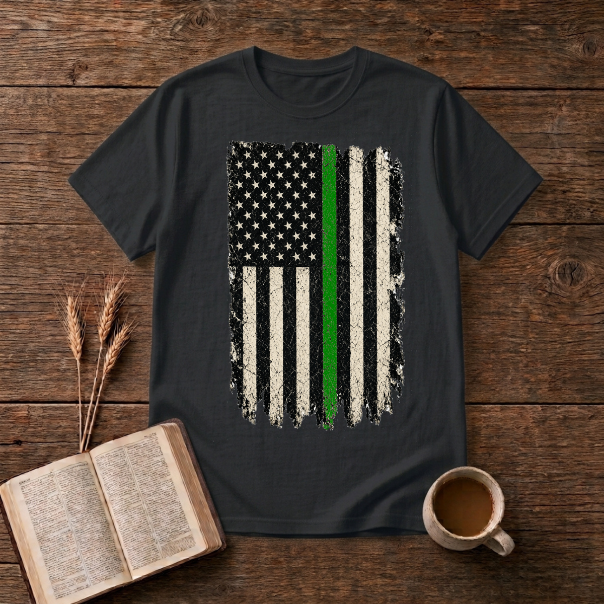 Distressed monochrome American flag with a thin green line on a Black unisex T-Shirt