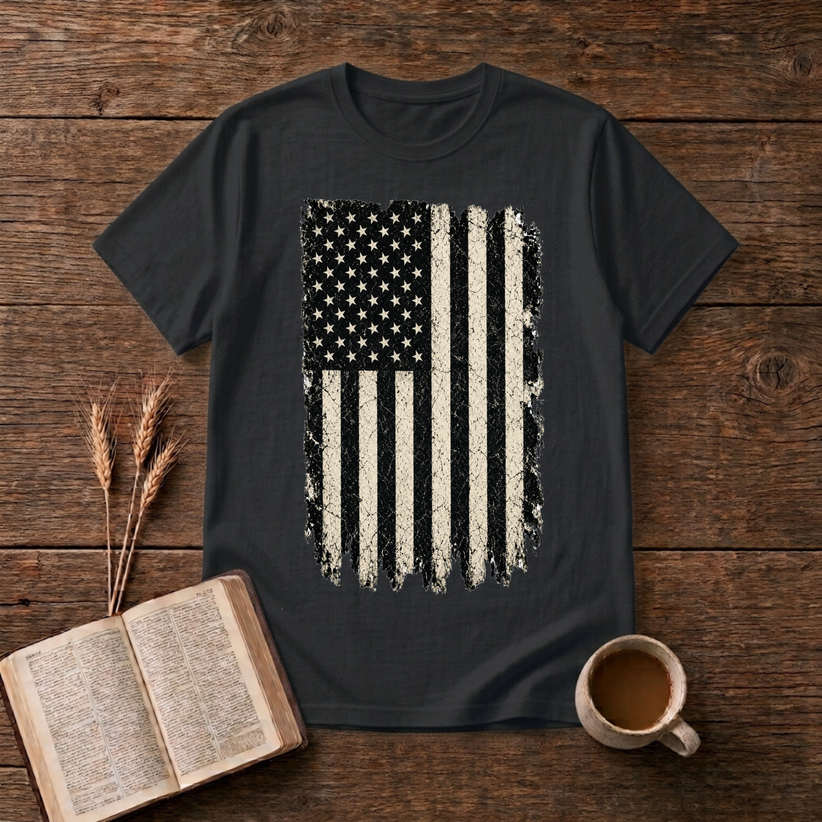 Distressed grayscale American flag with faded edges on a Black unisex T-Shirt