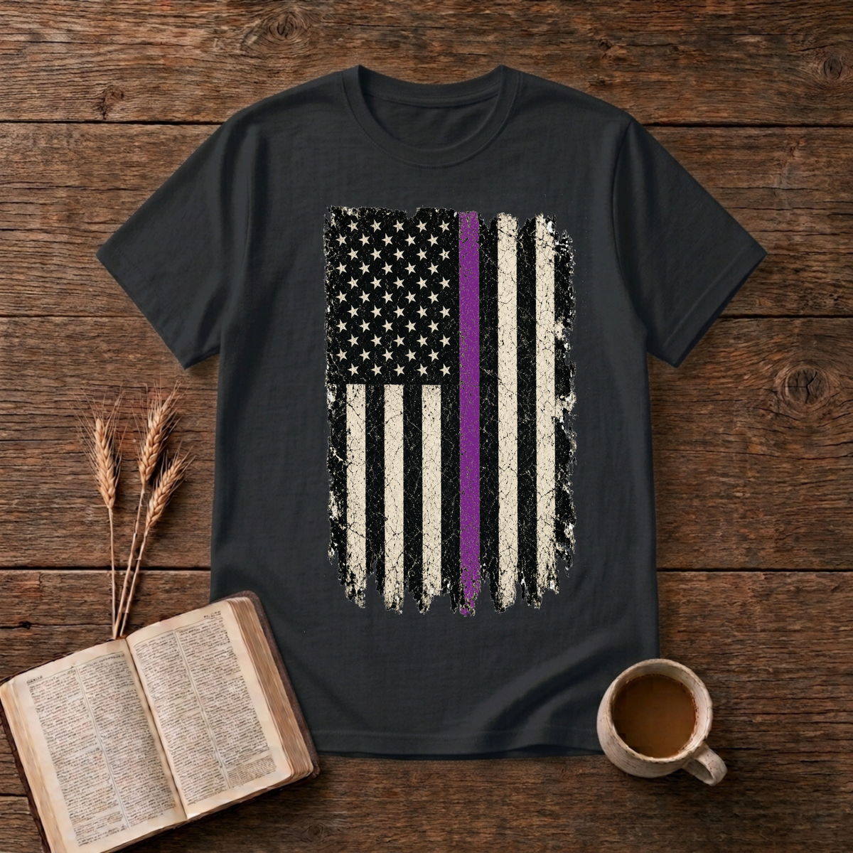 Distressed black and white American flag with a thin purple line on a Black unisex T-Shirt