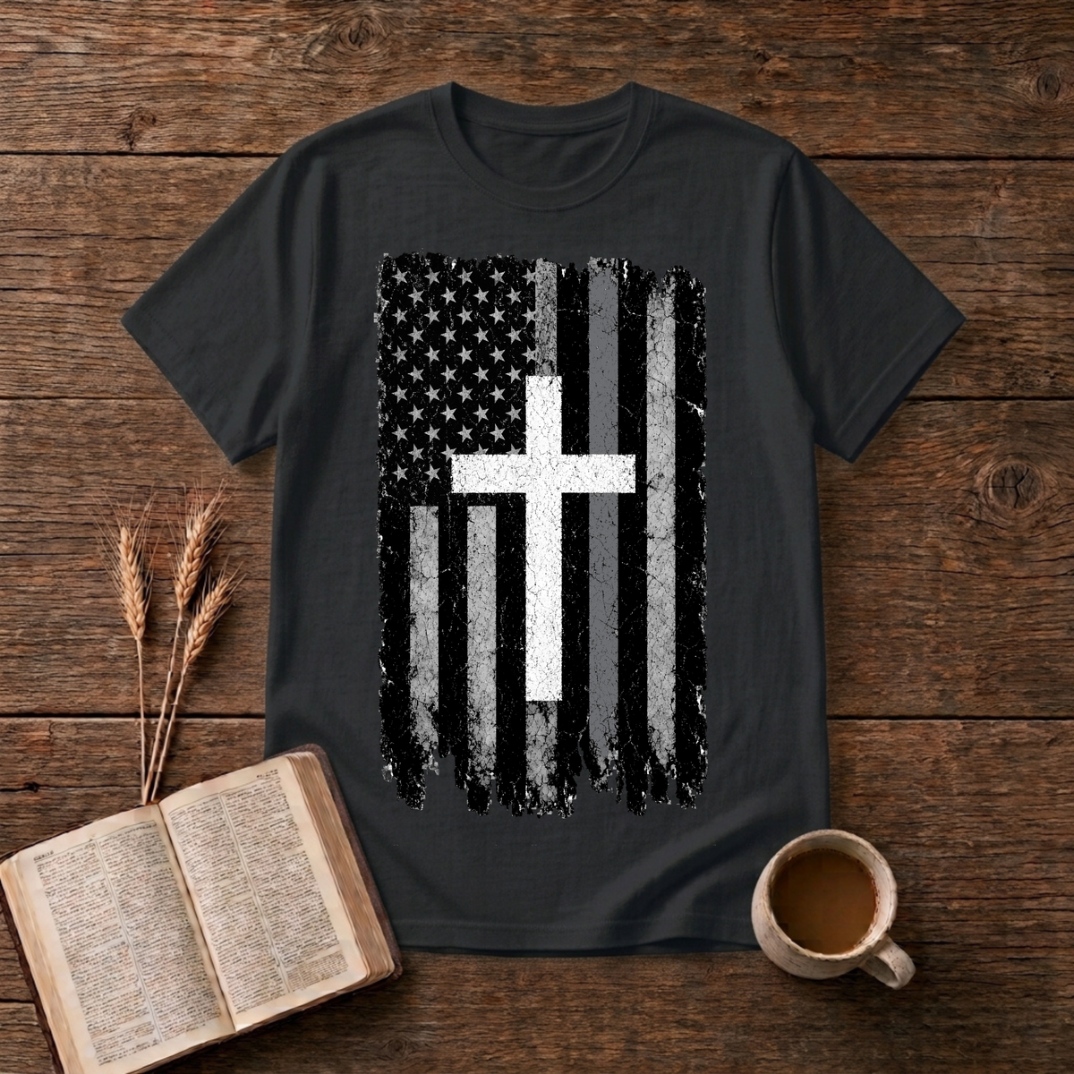Faded American flag and distressed cross with a silver line on a Black unisex T-Shirt