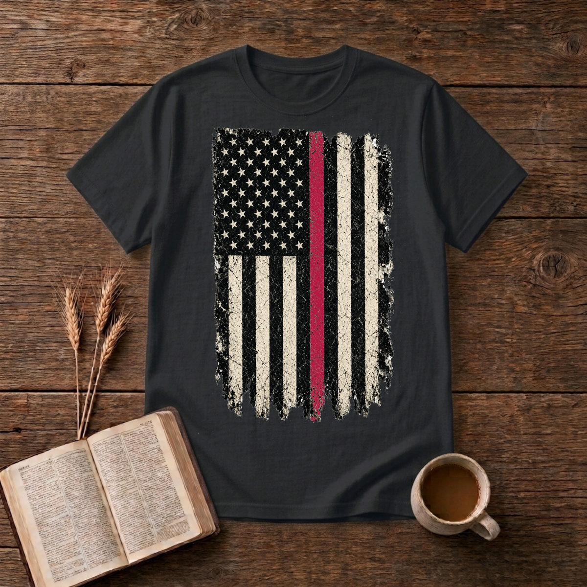 Weathered American flag with a thin red line on a Black unisex T-Shirt