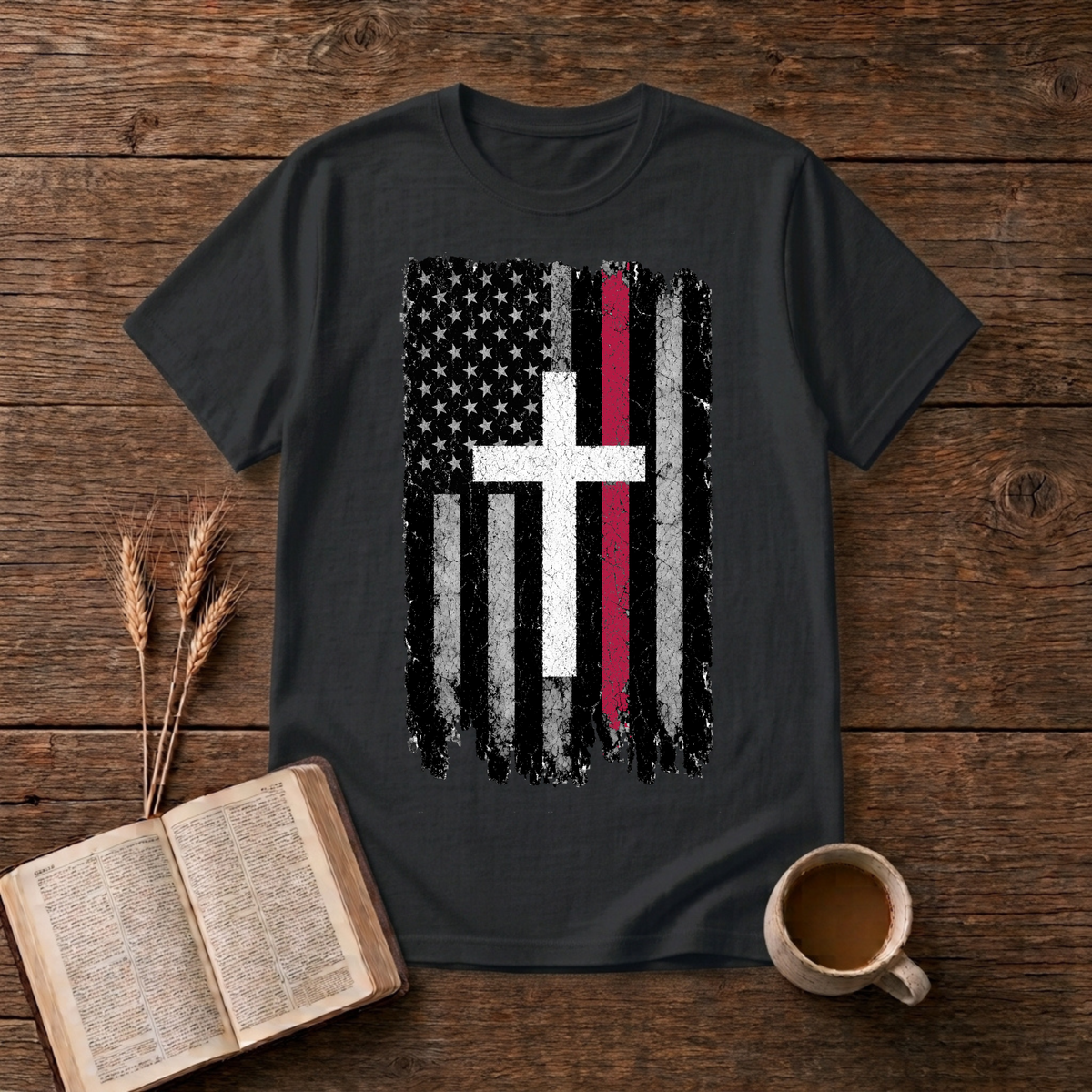 Grayscale American flag with a thin red stripe and cross motif on a Black unisex T-Shirt