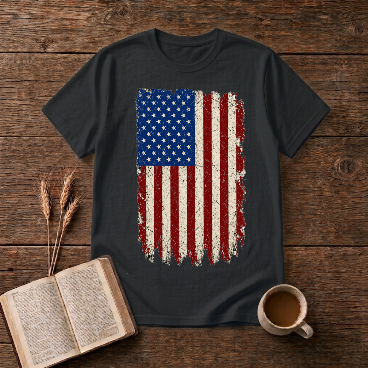 Distressed red, white and blue American flag with brushstroke edges on a Black unisex T-Shirt.