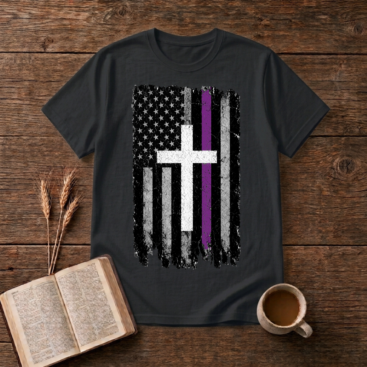 Distressed American flag with a lavender stripe and white cross on a Black unisex T-Shirt