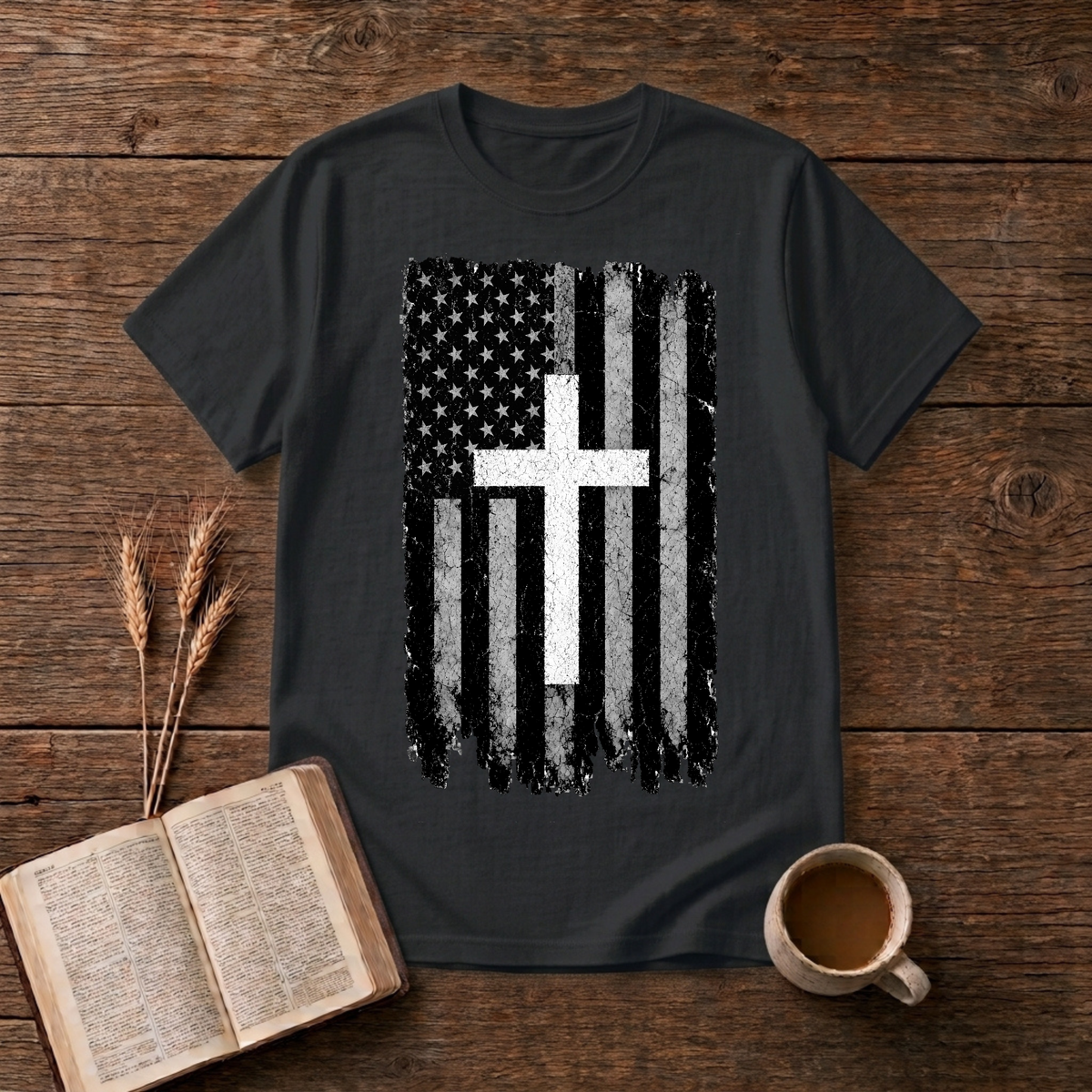 Distressed American flag with white cross on a Black t-shirt