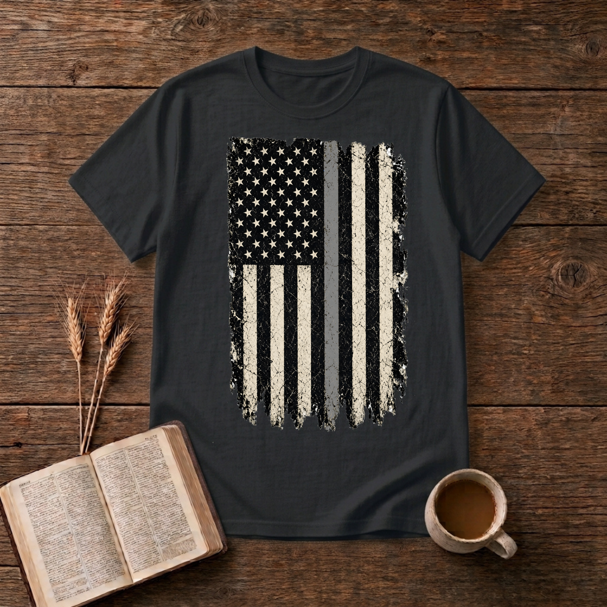 Distressed monochrome American flag with a thin gray line on a Black unisex T-Shirt