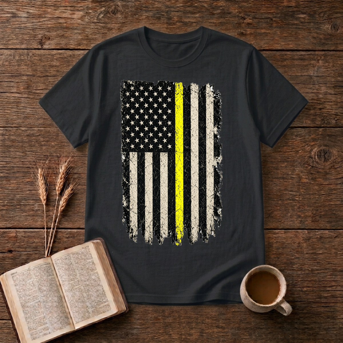 Vintage distressed American flag with a single yellow stripe on a Black unisex T-Shirt