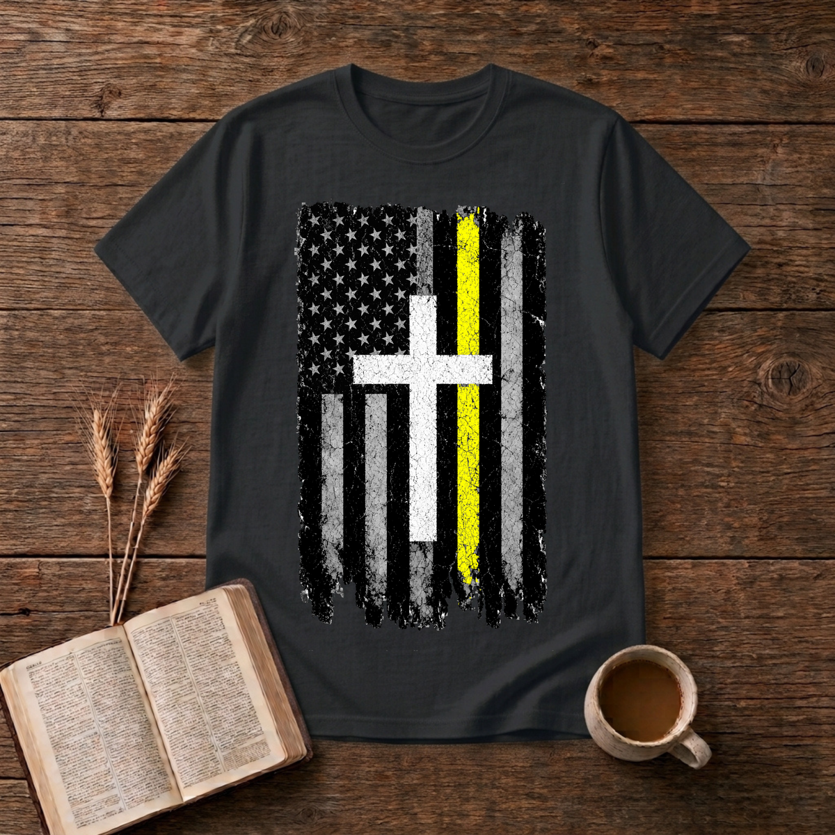 Distressed American flag with a vertical yellow line on a Black unisex T-Shirt