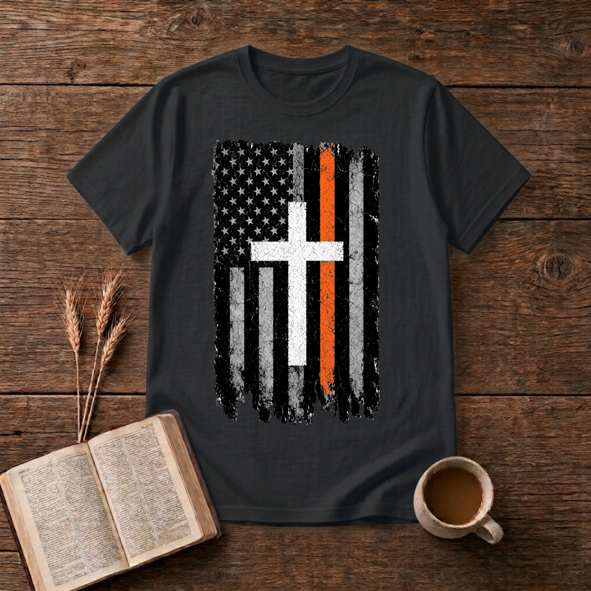 Distressed monochrome flag with a thin orange line and cross silhouette on a Black unisex T-Shirt