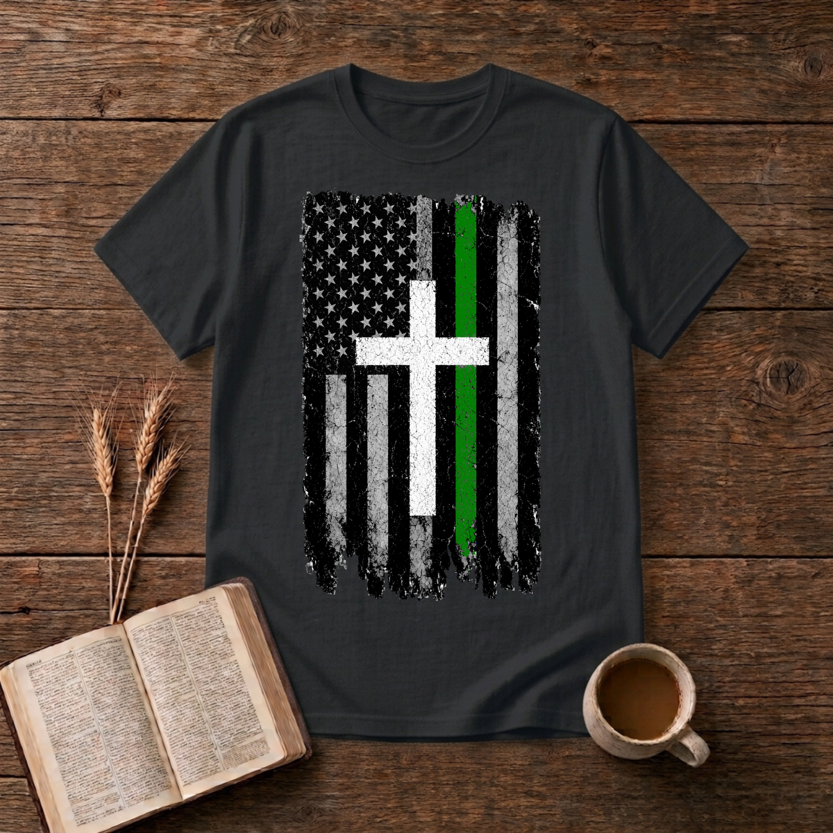Distressed American flag fused with a cross and green line on a Black unisex T-Shirt