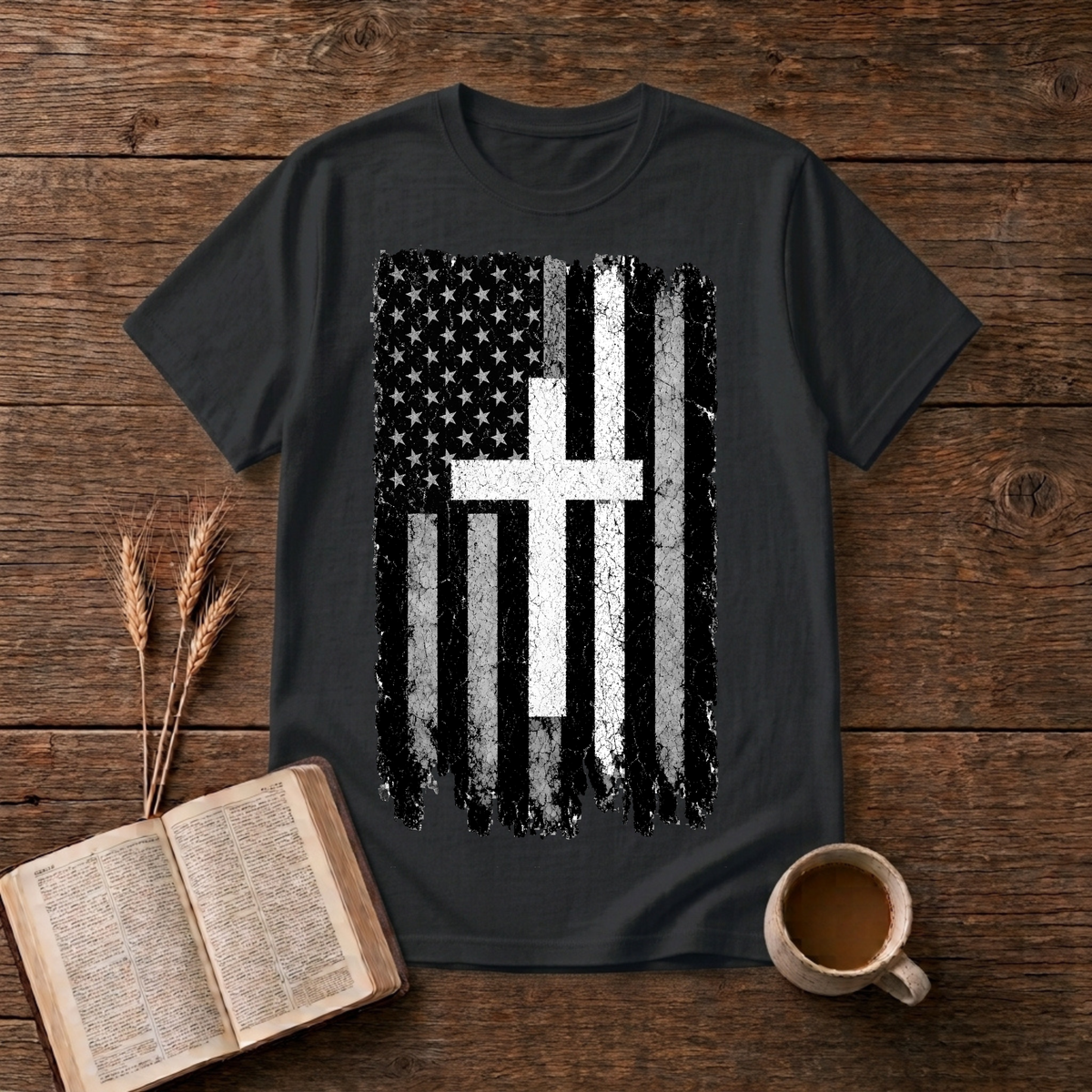 Vintage distressed stars-and-stripes flag with a thin white line on a Black unisex T-Shirt