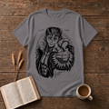 Monochrome anime character in a fur collar reaching out, Let's Larp on a Charcoal unisex T-Shirt