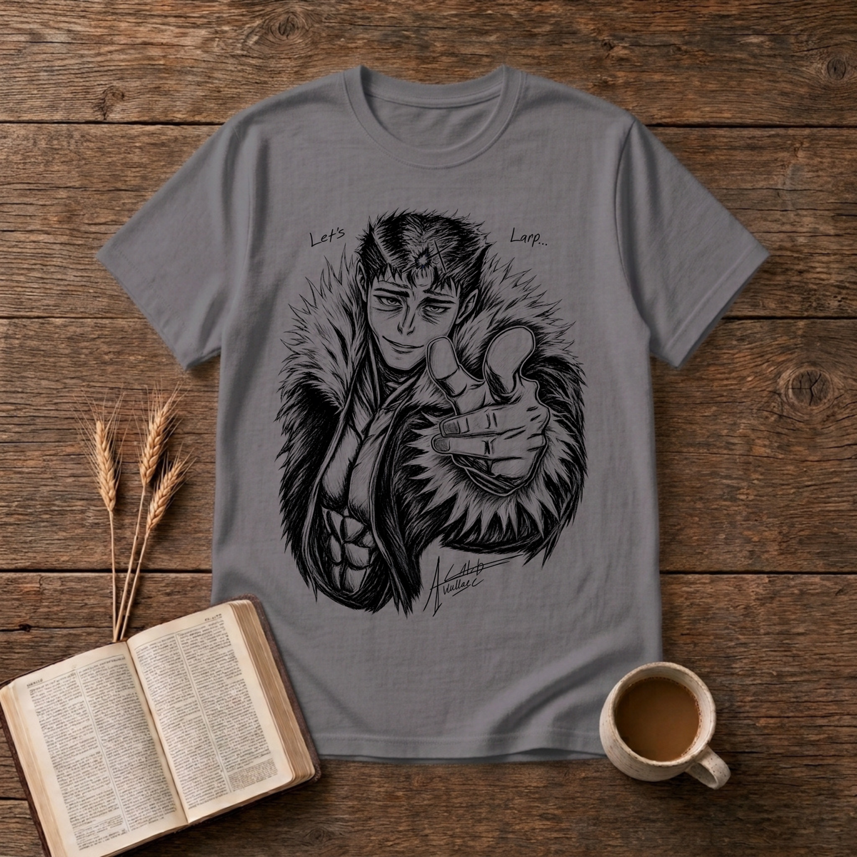 Monochrome anime character in a fur collar reaching out, Let's Larp on a Charcoal unisex T-Shirt
