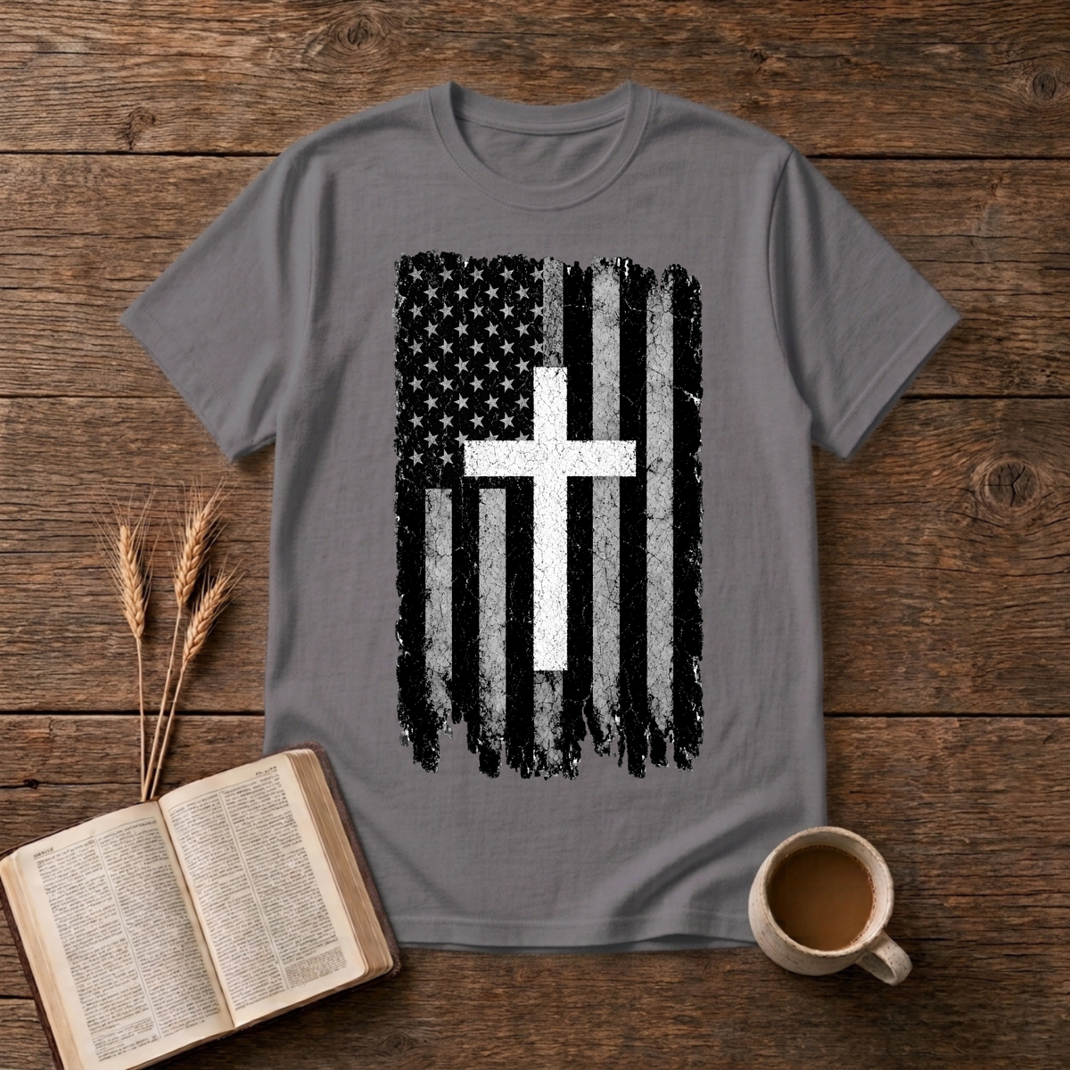 Distressed American flag with white cross on a Charcoal t-shirt