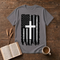 Faded American flag and distressed cross with a silver line on a Charcoal unisex T-Shirt