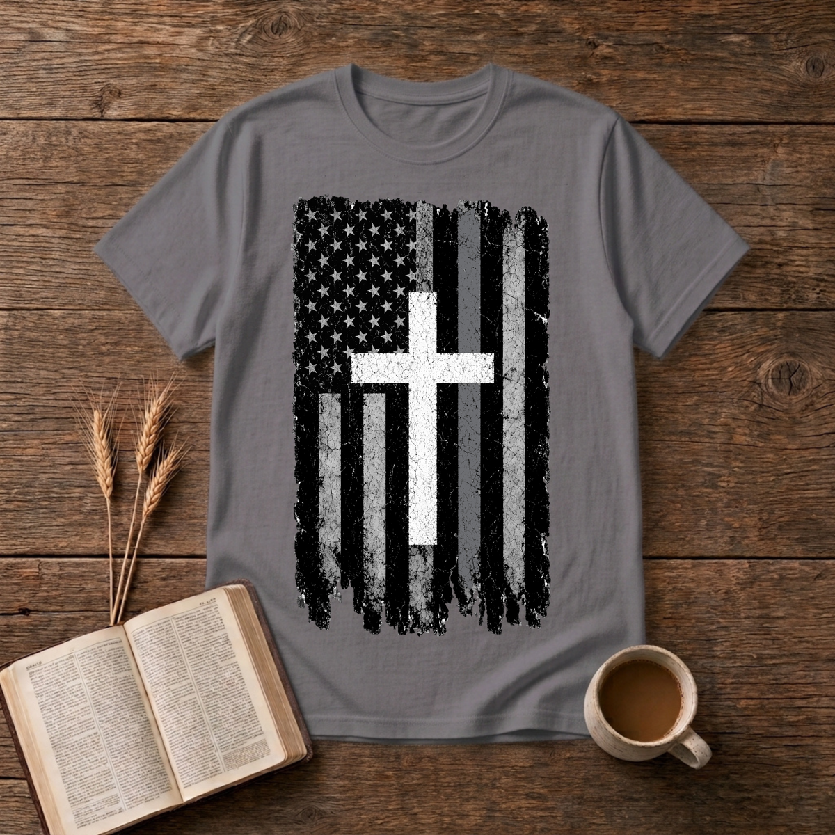 Faded American flag and distressed cross with a silver line on a Charcoal unisex T-Shirt