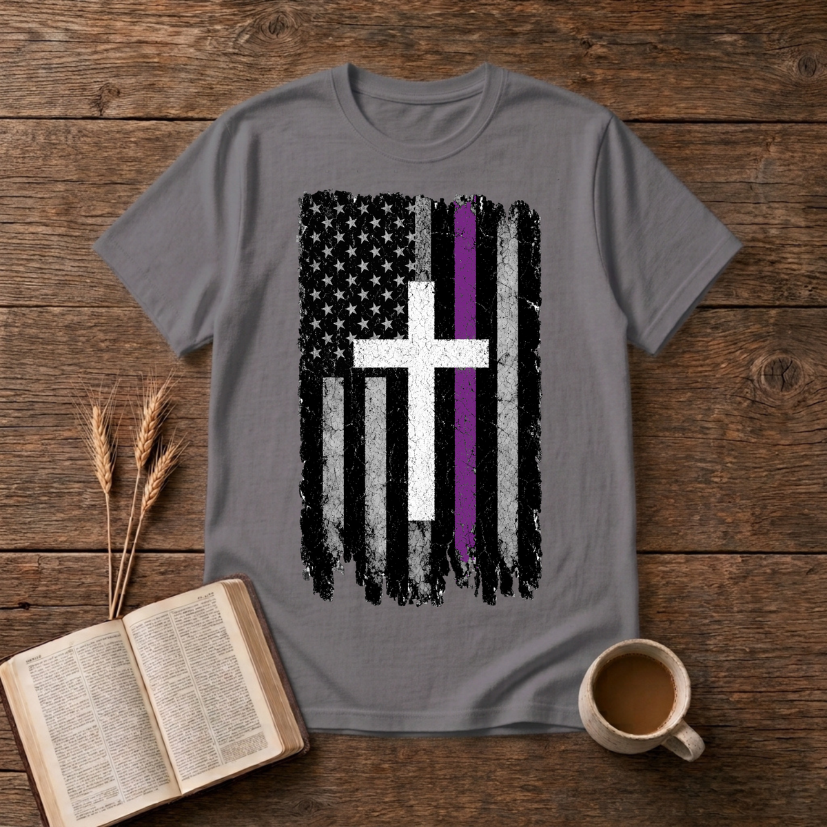 Distressed American flag with a lavender stripe and white cross on a Charcoal unisex T-Shirt