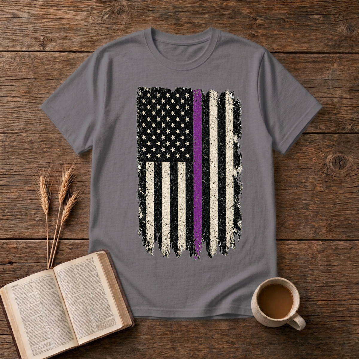 Distressed black and white American flag with a thin purple line on a Charcoal unisex T-Shirt