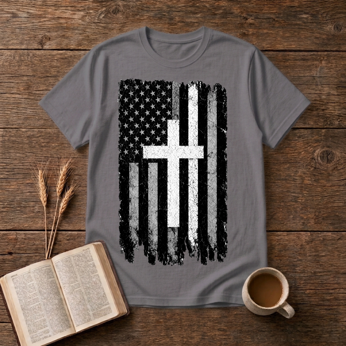 Vintage distressed stars-and-stripes flag with a thin white line on a Charcoal unisex T-Shirt