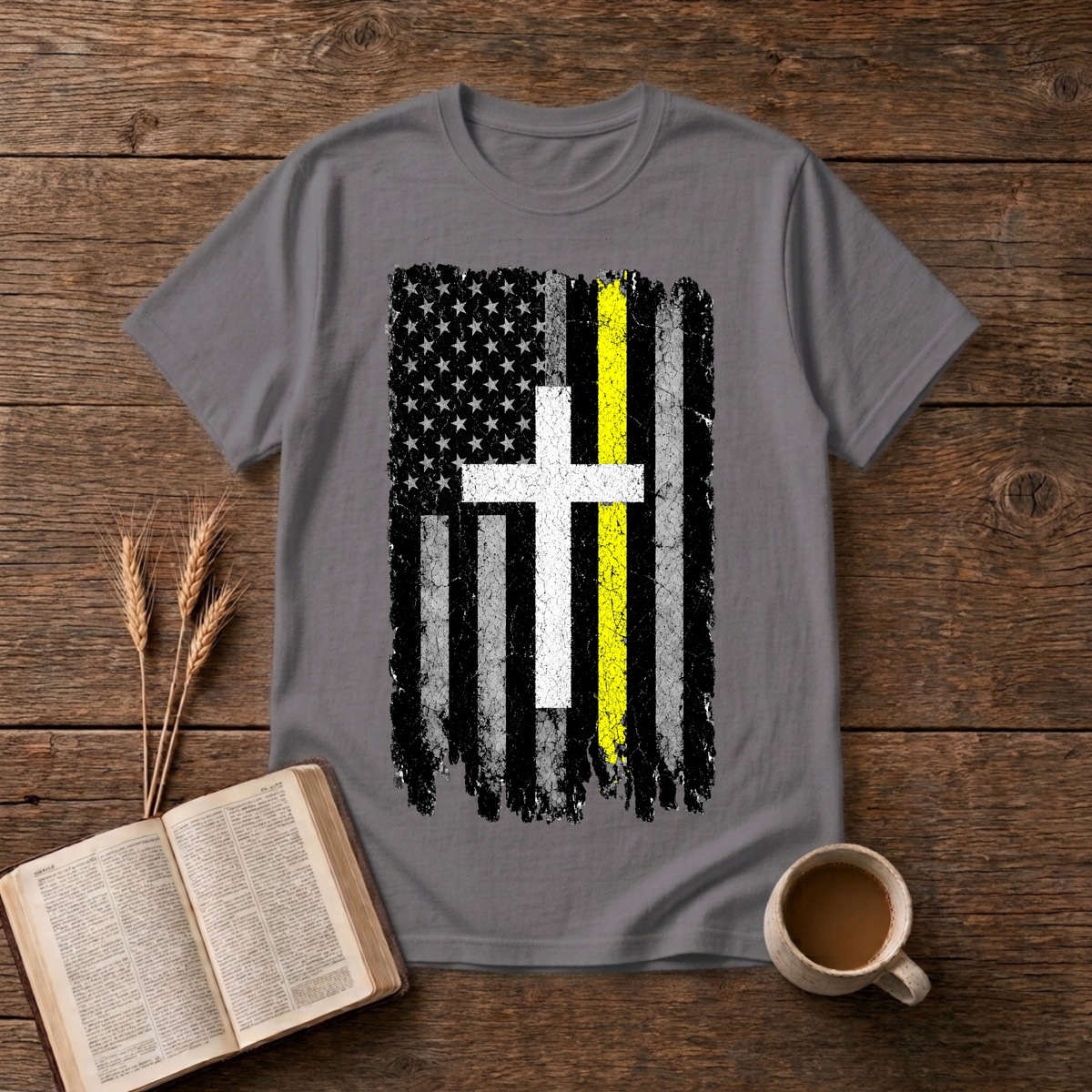 Distressed American flag with a vertical yellow line on a Charcoal unisex T-Shirt