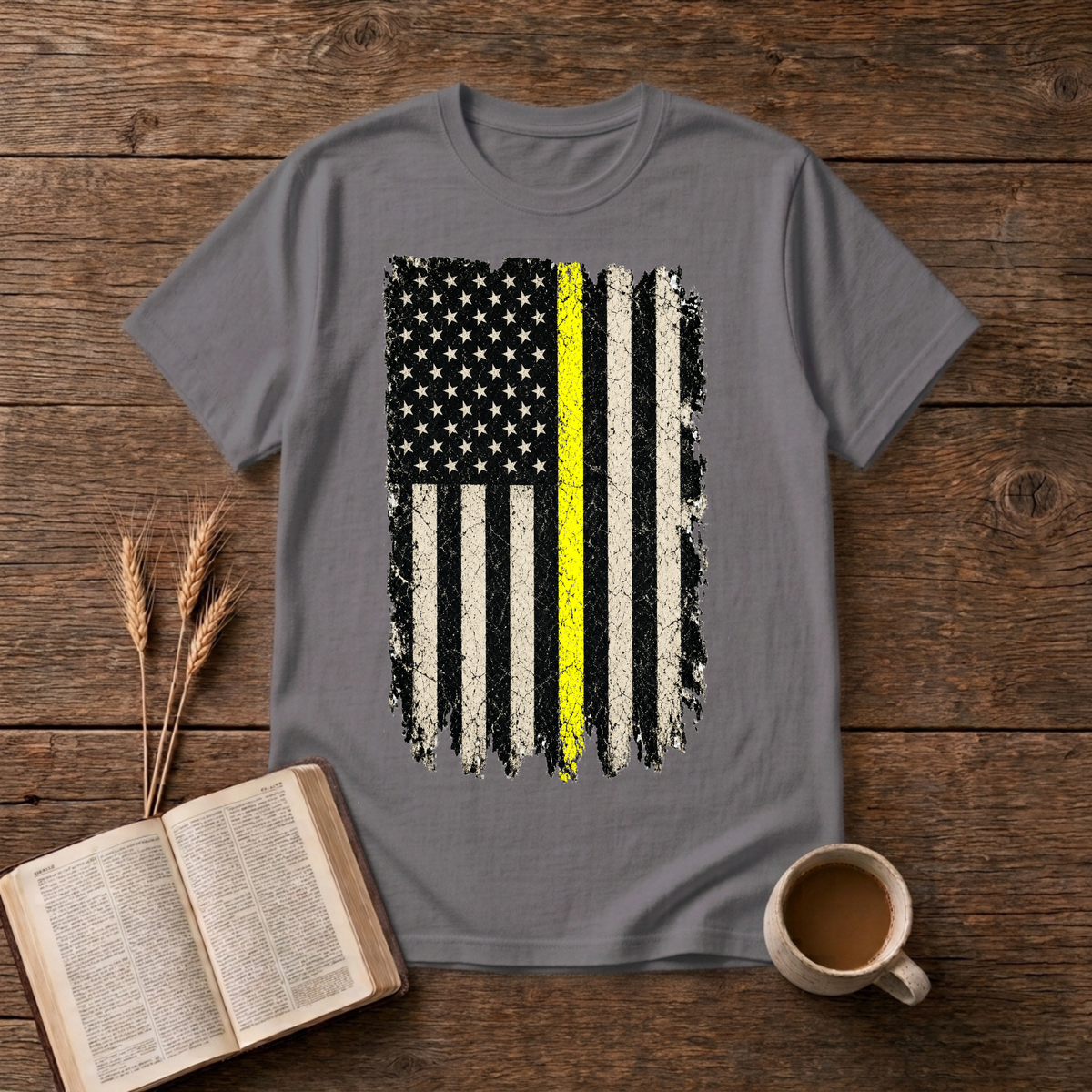 Vintage distressed American flag with a single yellow stripe on a Charcoal unisex T-Shirt