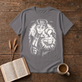 Monochrome anime character in a fur collar reaching out, Let's Larp on a Charcoal unisex T-Shirt