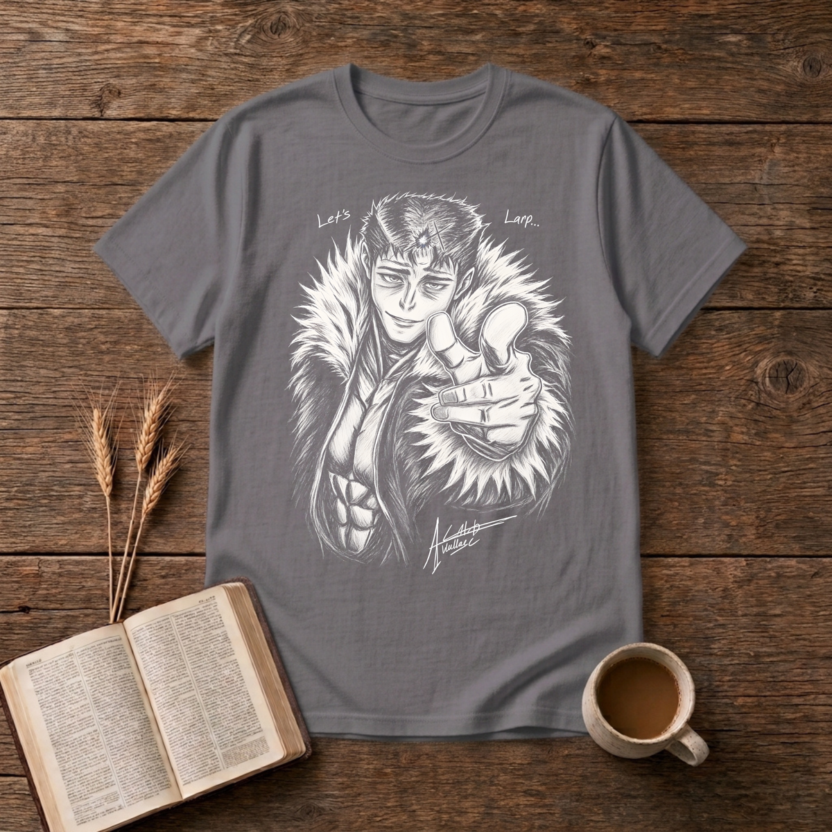 Monochrome anime character in a fur collar reaching out, Let's Larp on a Charcoal unisex T-Shirt