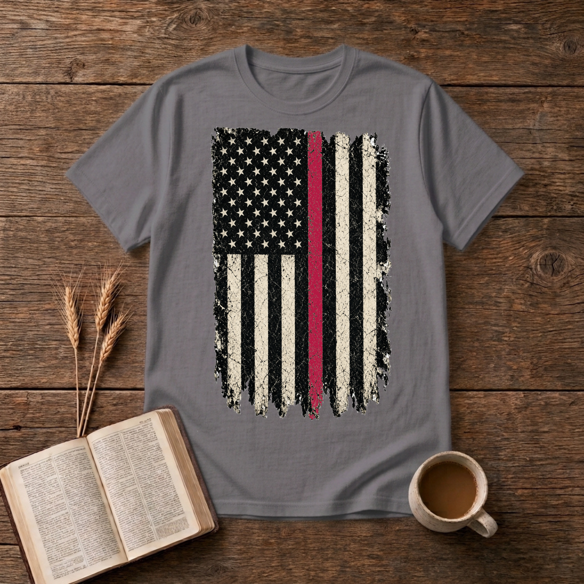 Weathered American flag with a thin red line on a Charcoal unisex T-Shirt