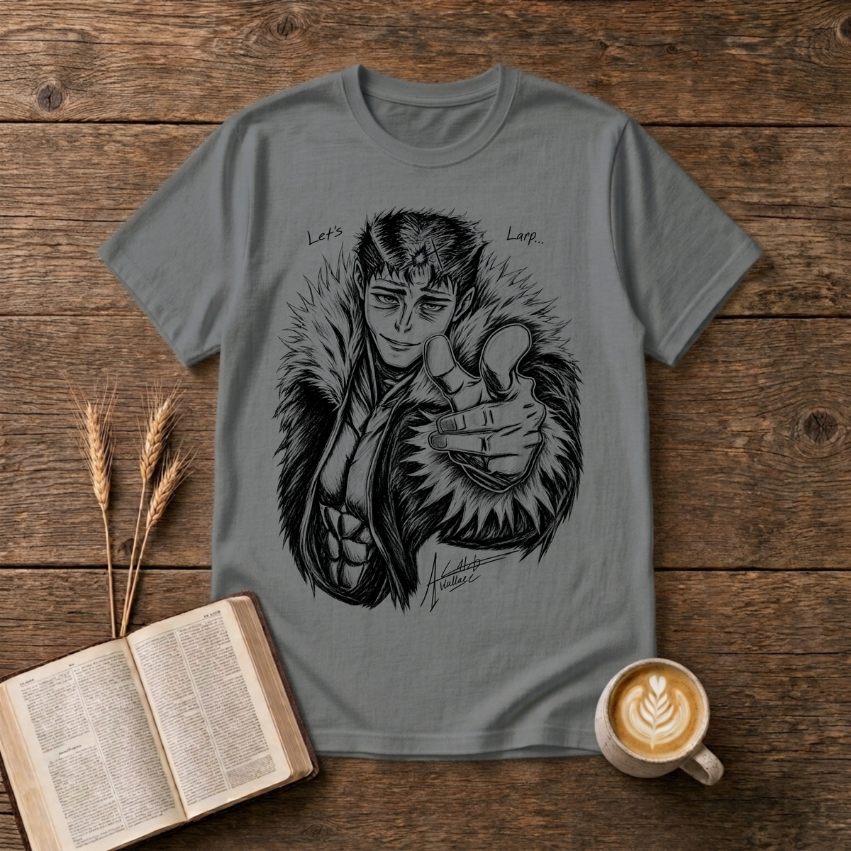 Monochrome anime character in a fur collar reaching out, Let's Larp on a Graphite Heather unisex T-Shirt