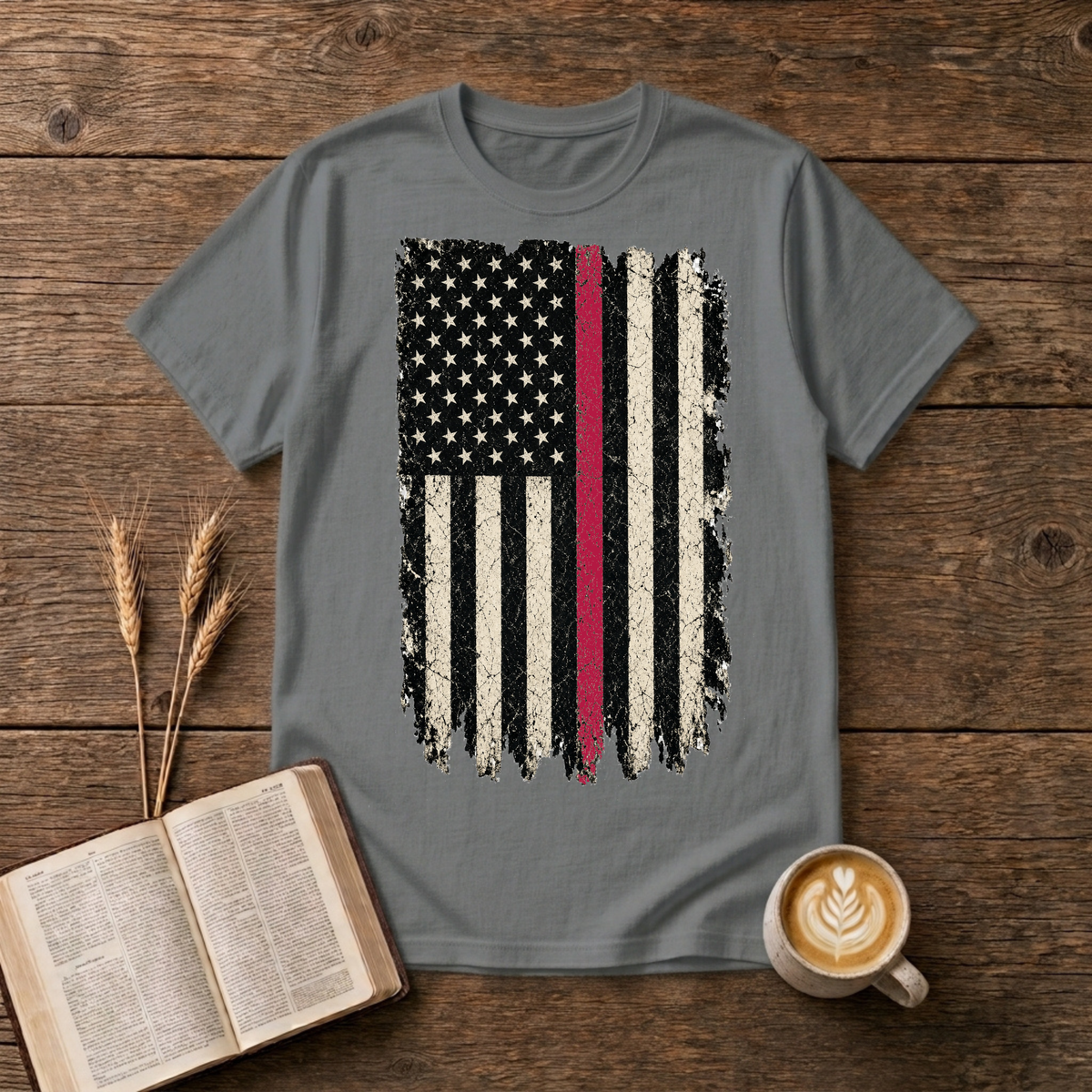 Weathered American flag with a thin red line on a Graphite Heather unisex T-Shirt