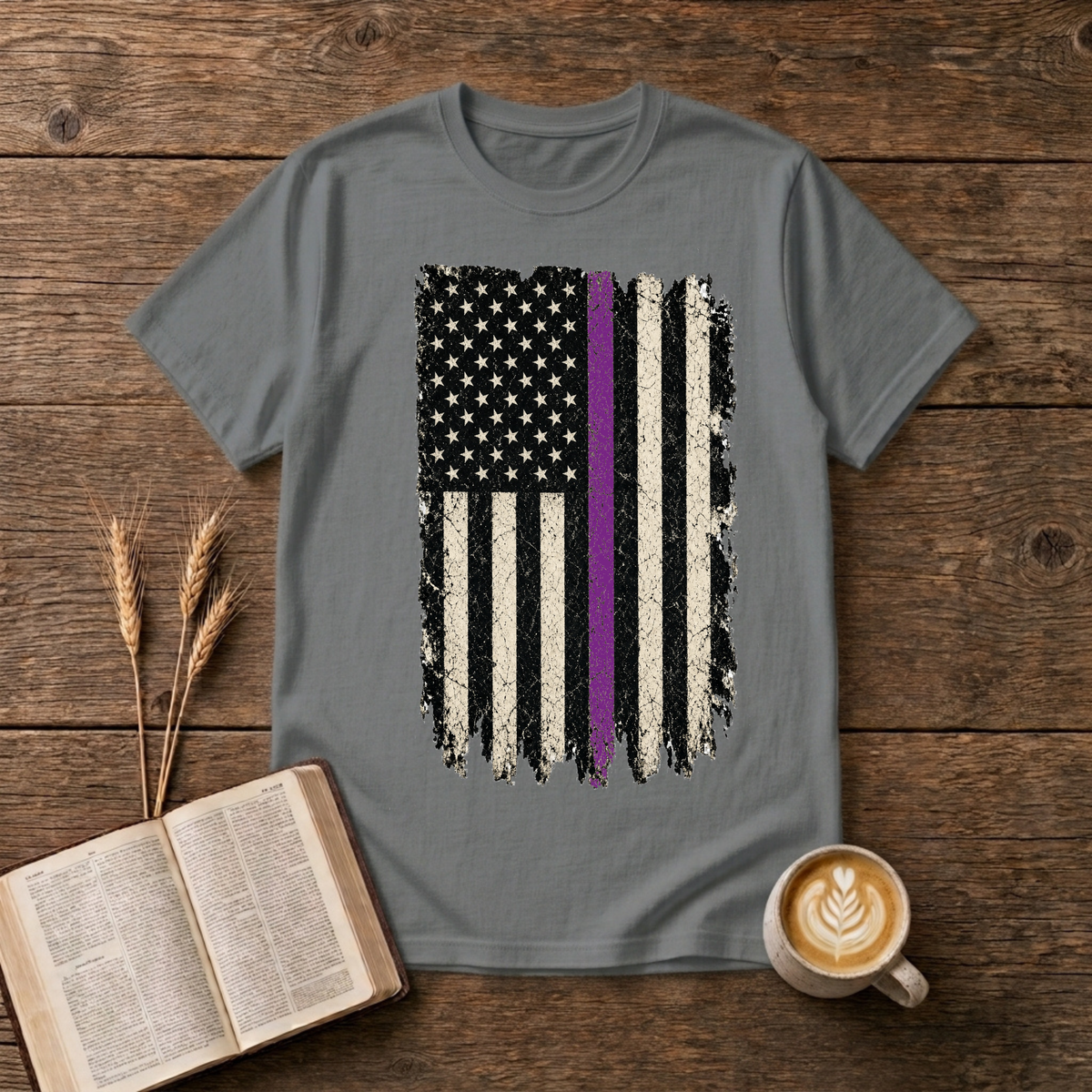 Distressed black and white American flag with a thin purple line on a Graphite Heather unisex T-Shirt