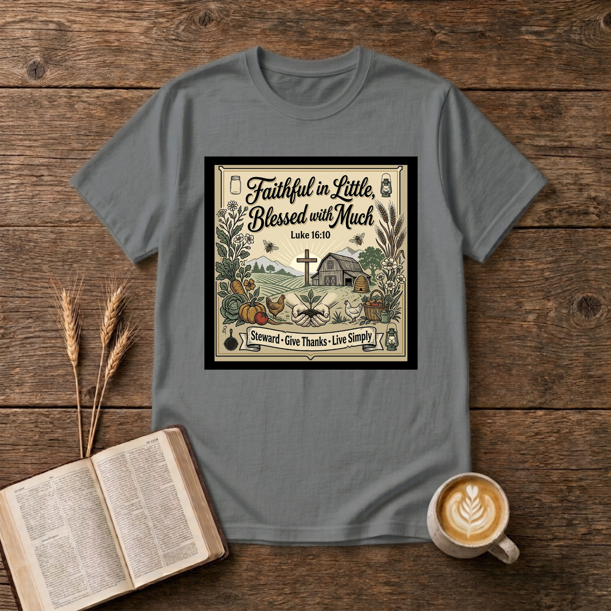 Faithful in Little Blessed with Much Luke 16:10 verse framed with a country chapel on a Graphite Heather unisex T-Shirt