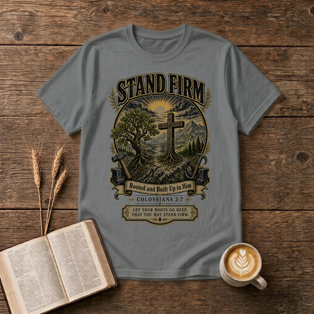 Stand Firm pastoral scene with a cross on a hill, oak trees and rising sun on a Graphite Heather unisex T-Shirt