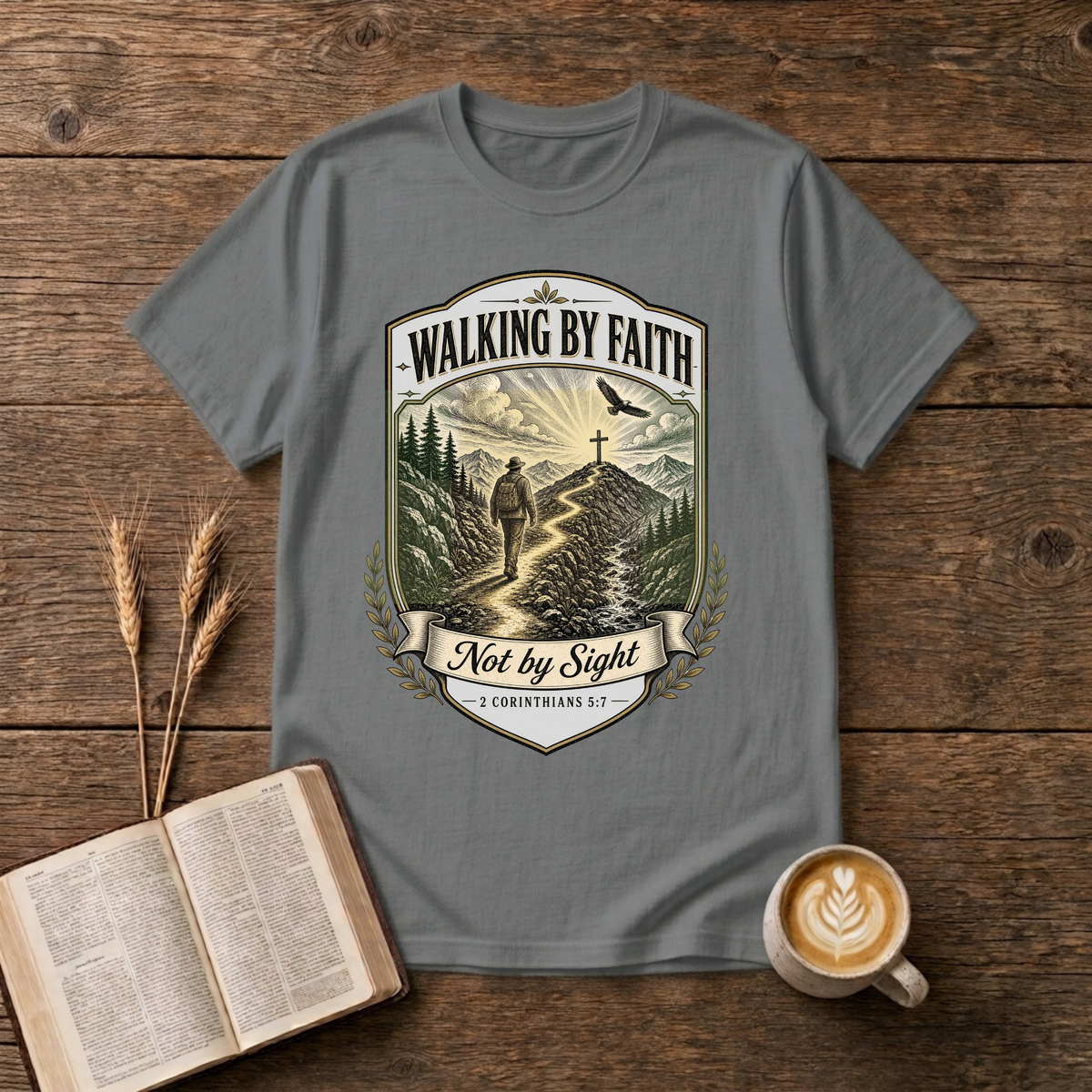 Walking By Faith Not by Sight Christian graphic on a Graphite Heather unisex T-Shirt