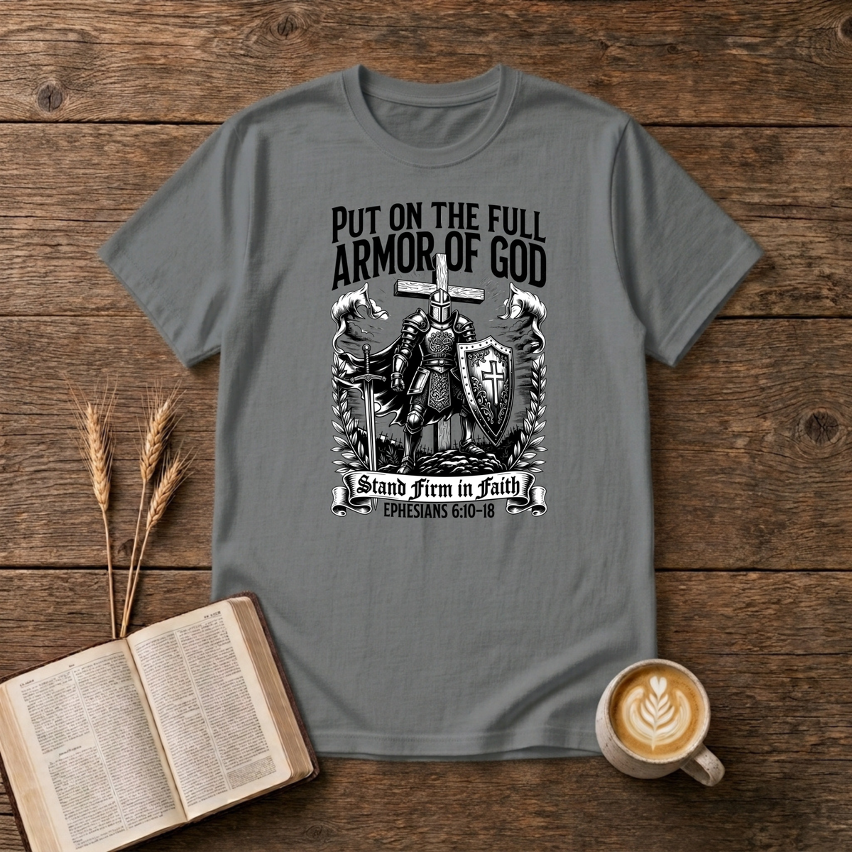 Black-and-white knight in armor with the words Put on the full Armor of God on a Graphite Heather unisex T-Shirt