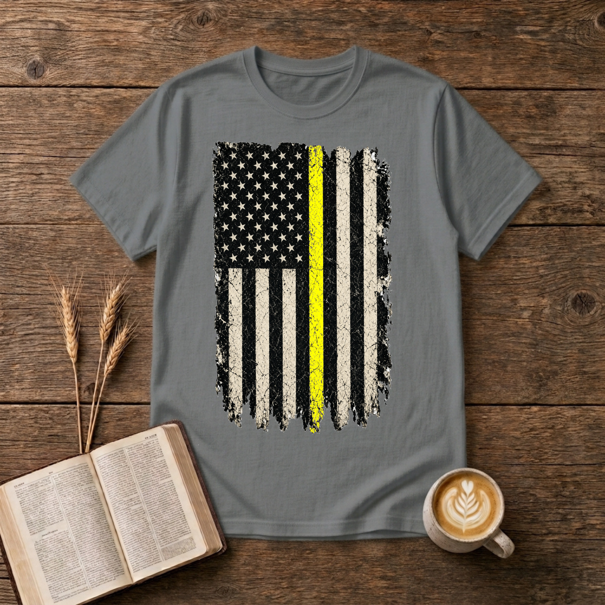 Vintage distressed American flag with a single yellow stripe on a Graphite Heather unisex T-Shirt