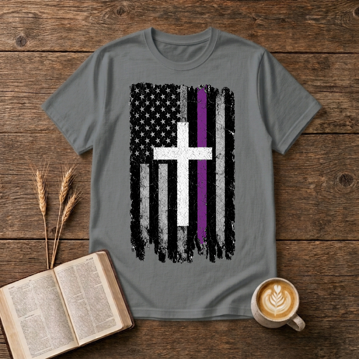 Distressed American flag with a lavender stripe and white cross on a Graphite Heather unisex T-Shirt