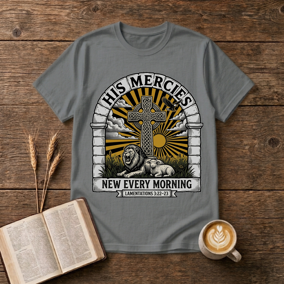 Celtic cross framed by an arched stone motif and sunrise rays on a Graphite Heather unisex T-Shirt