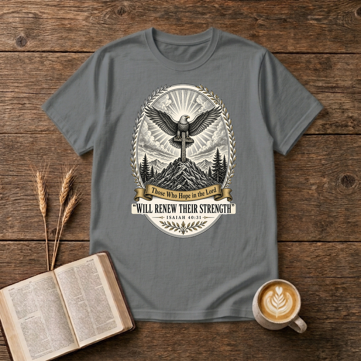 Grayscale eagle emblem with outstretched wings above a mountain landscape on a Graphite Heather unisex T-Shirt