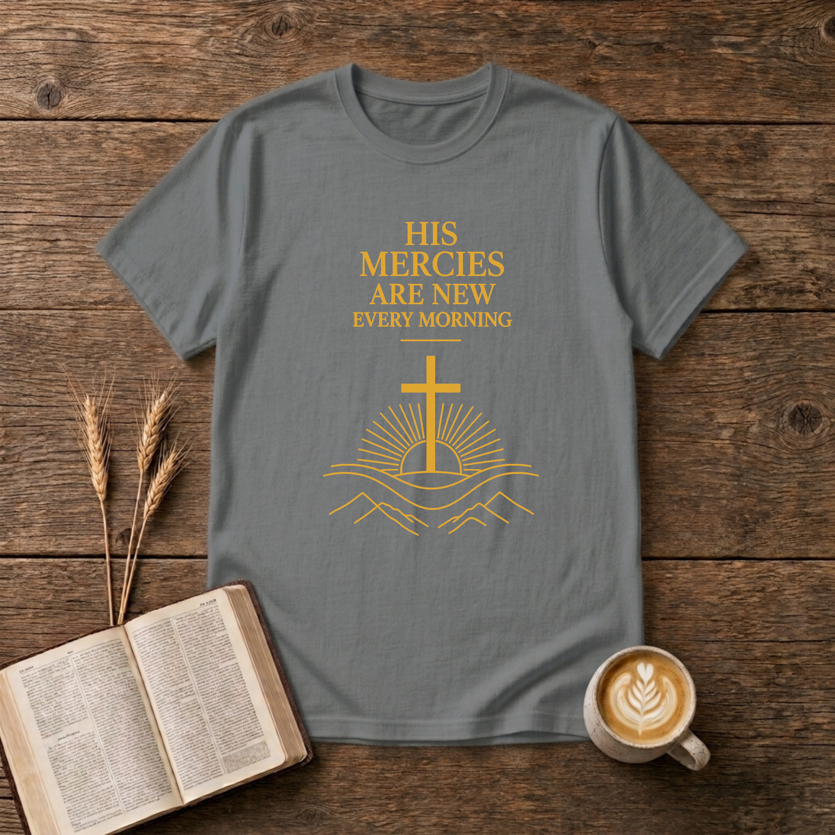 Minimalist serif lettering reading His mercies are new every morning on a Graphite Heather unisex T-Shirt
